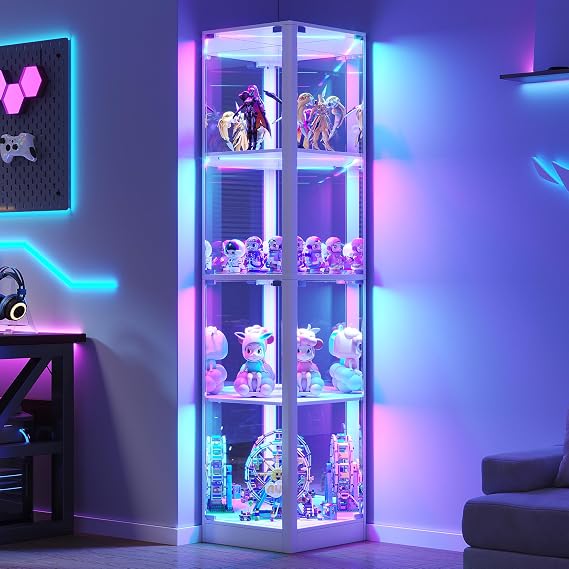 White Display Cabinet with Glass Doors, 68" Display Case with RGB Light, 4-Tier Curio Cabinets for Collectibles Toys Books, Corner Space Saving Storage Cabinet