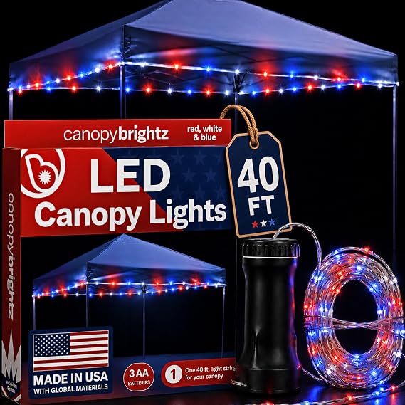 Brightz LED Patriotic Canopy Lights, 40 ft Red White & Blue | 4th of July golf cart decorations & string lights; battery powered 60 LEDs; 24+ hour runtime; made in USA components