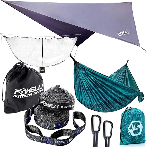 Foxelli Hammock Camping Set Bundle Includes Camping Hammock, Rain Tarp, XL Tree Straps & Hammock Net
