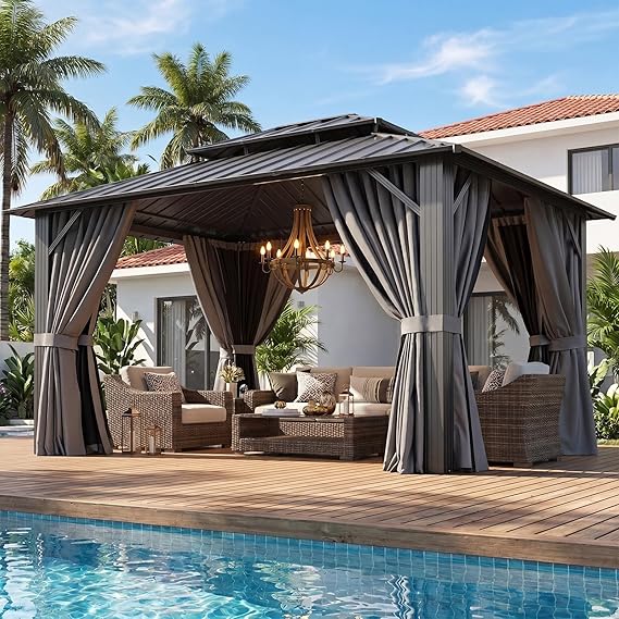 Aoxun Gazebo 10x12 Hardtop Gazebo with Double Galvanized Steel Roof, Gray | Metal Frame Outdoor Pavilion with Breathable Netting and Privacy Curtain for Backyard