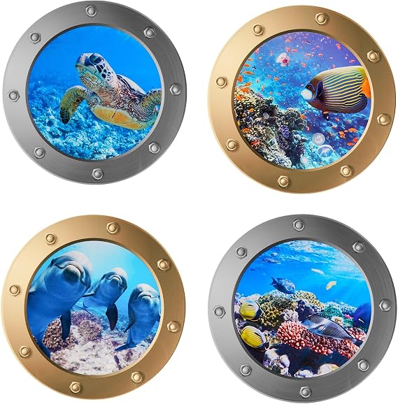 3D Wall Sticker Underwater World, 4 Pieces Realistic Gold & Silver Porthole Decals for Bathroom, Bedroom, Kitchen, Smooth Surfaces