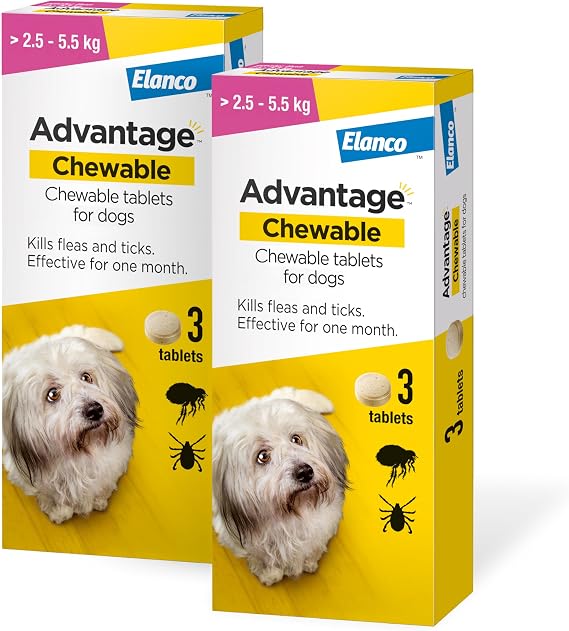 Advantage Chewable 112mg Chewable Tablets for Dogs >2.5-5.5kg (6 pack), Flea and Tick Treatment, Fast Acting Kills Fleas Within Hours,