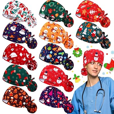 12 Pcs Christmas Scrub Caps Women Surgery Cap Nursing Hats with Button Adjustable Bouffant Nurse Hats Ponytail HolderClassic Style Multicolor