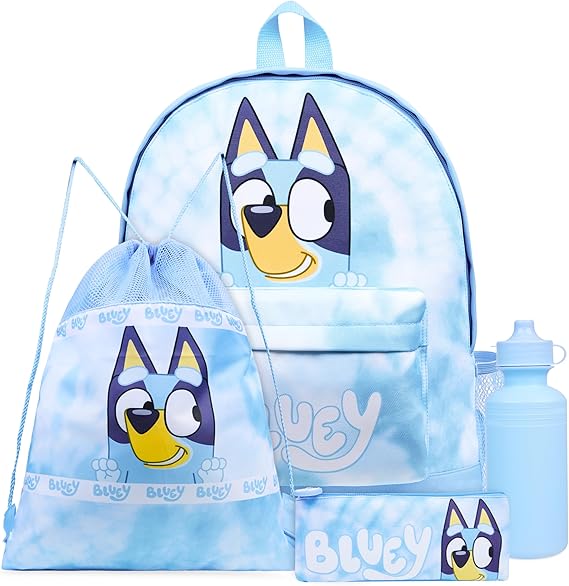 Bluey Backpack Set 4 Pcs Water Bottle Pencil Case School Bag Swim or Lunch Bag Nursery School Supplies Travel Rucksack Set Tie Dye