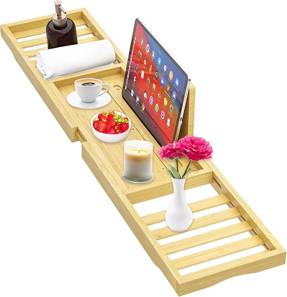 Premium Bath Tray Caddy, Expandable Bamboo Wooden Bath Trays for Across The Bath