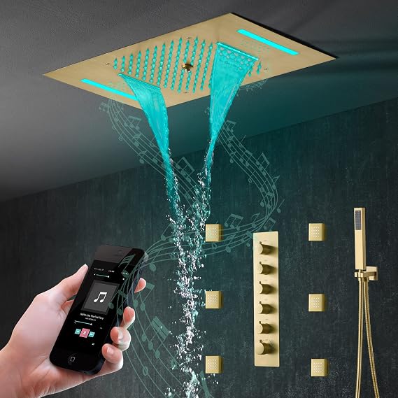 Cascada Luxury 15x23 Modern LED shower system with built-in Bluetooth Speakers,5 function (Rainfall,Waterfall,Misty,body jets & HandShower) (Brushed Nickel)