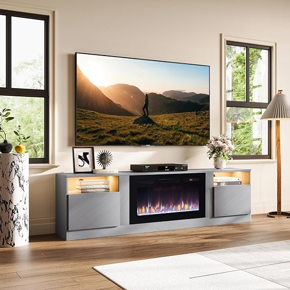 Fireplace TV Stand with 36 Electric Fireplace, 80 TV Console Stand for TVs Up to 90", LED Light Entertainment Center, Fireplace for The Living Room TV Stand, Gray