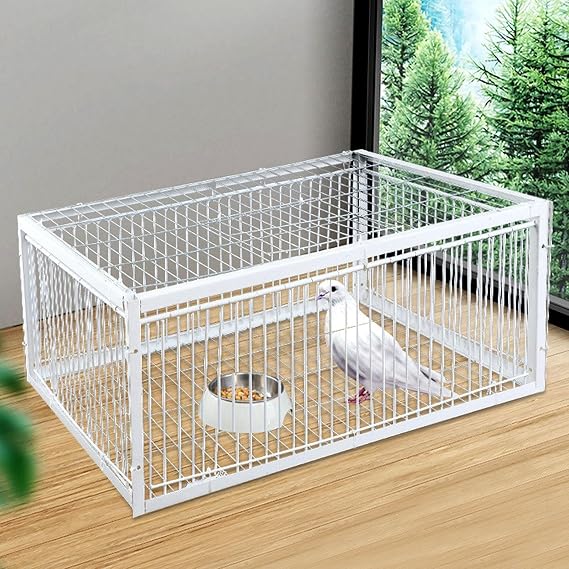 Pigeon Trap, Auto Bird Cage with 4 Entrances, One-way Design for Small Birds, Suitable for Gardens, Balconies, Farms and Warehouses (White, 23.62 x 17.72 x 15.75 cm)