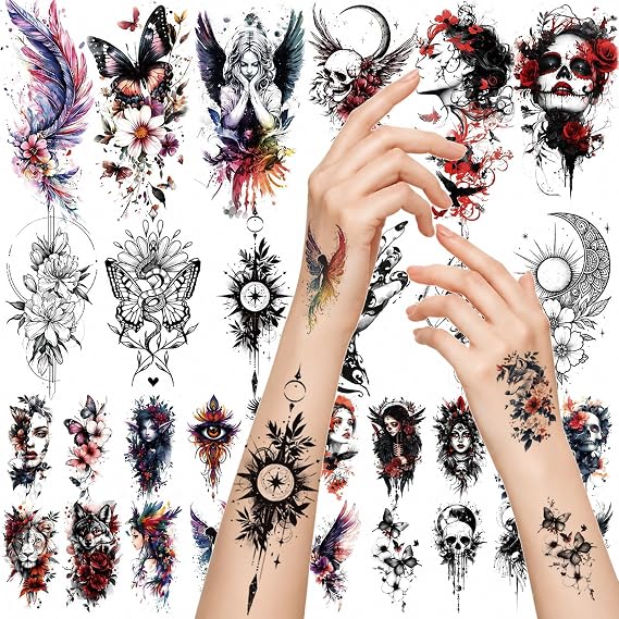 XMASIR 64 Watercolor Temporary Tattoo Stickers, Animals Flower Fake Tattoos | 24 Pcs Large Arm Skull Tattoos, 40 Pcs Small Butterfly Tattoo Stickers, Dark 3D for Men and Women