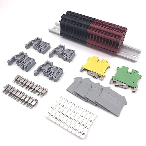 Erayco DIN Rail Terminal Blocks Kit, 40Pcs UK5N 10 AWG Terminal Blocks, 2Pcs Ground Blocks, 2Pcs FBI-10-6 Terminal Fixed Bridge, 4Pcs E/UK End Brackets, 2Pcs D-UK3/10 End Covers, 1Pcs 8" Aluminum