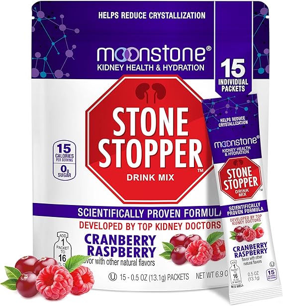 Moonstone Stone Stopper Drink Mix, Cranberry Raspberry, Kidney Stone Prevention, Calcium Oxalate Protector, Developed by Urologists to Improve Hydration and Support Kidney Health, 15 Day Supply
