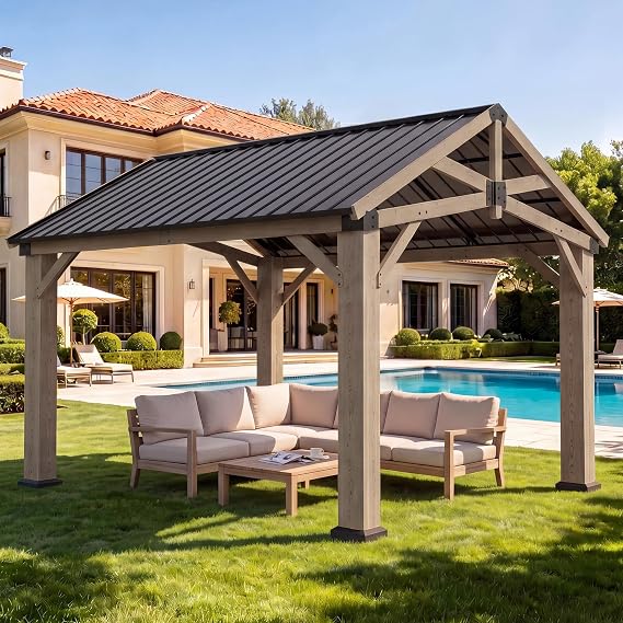 Aoxun 10' x 12' Wood Gazebo with Galvanized Steel Gable Roof, Gray