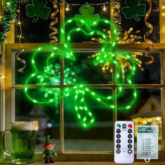 St. Patrick's Day Decoration Lights, 13" 8 Modes Shamrock Window Lights | 65 LED Battery Powered Clover Lighted Decor with Remote, Timer, Lighted St. Patrick's Day Decoration for Window Home Wall