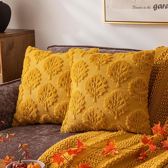 Mustard Yellow Fall Tree Throw Pillow Covers 18x18 Set of 2, Fluffy Soft Faux Fur Decorative Autumn Pillow Cases with Embroidered Pattern for Couch Sofa Harvest Boho Accent Holiday Decor