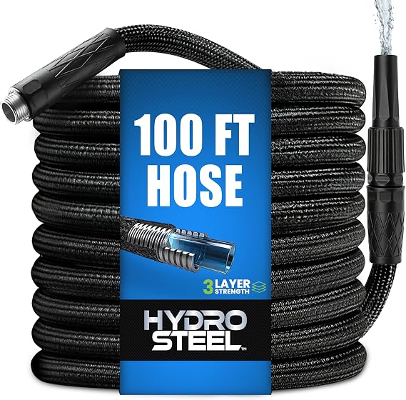 Hydrosteel 50 Ft Metal Garden Hose with Nozzle, Water Hose Made from Heavy Duty 304 Stainless Steel, Flexible, Lightweight, Crush Resistant Fittings, Non Kinking, 5/8 Diameter, 600 PSI