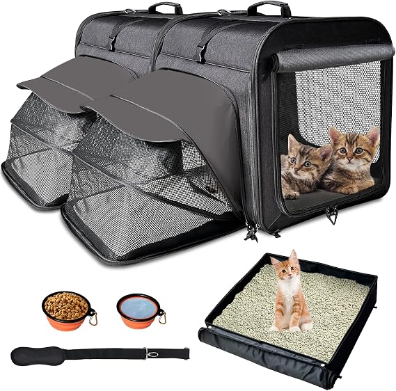 Large Cat Carrier,Cat Travel Carrier with Litter Box,Double Cat Carrier for 2 Cats and Medium Dog,Portable 2-in-1 Dog Compartment Travel Crate House with Foldable Bowl/Mats/Tent Stakes