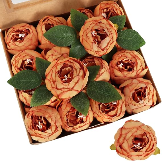 16pcs Orange Peonies Artificial Flowers 3.5'' Big Silk Flowers Bulks