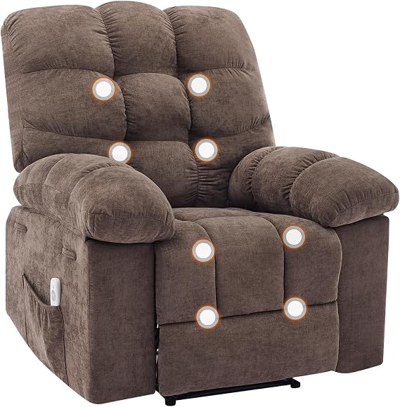 Oversized Massage Recliner Chair for Adults, Extra Wide Manual Recliner with Massage & Heating, Overstuffed Upholstered Sofa Chair for Living Room & Bedroom (Dark Brown)