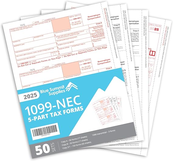 Blue Summit Supplies 1099 NEC Tax Forms 2025, 50 5 Part Tax Forms Kit, Compatible with QuickBooks and Accounting Software, 50 Pack