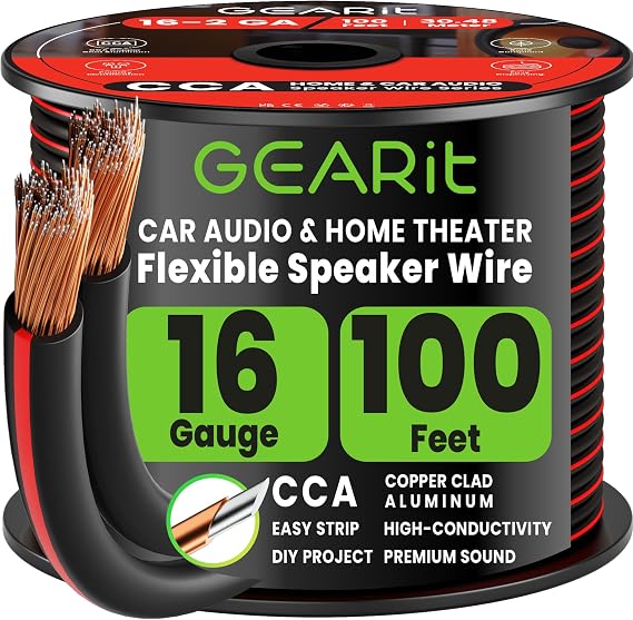 Speaker Wire 16 Gauge, GearIT Pro Series 16/2 AWG Speaker Cable (100 Feet / 30.48 Meters) Great Use for Home Theater Speakers and Car Speakers Black