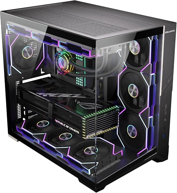 ESGAMING ZEROMAX ATX PC Case Mid-Tower Airflow Gaming Computer Case | 8 Slanted Base| Tempered Glass Panoramic View | Fully Ventilated | Black-No Fan