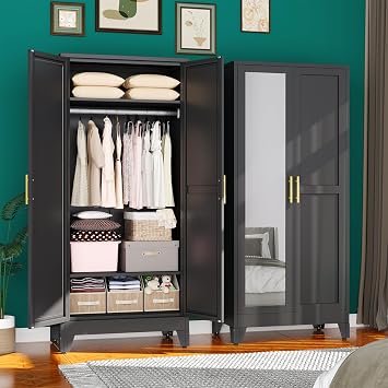 erosoei Metal Armoire Wardrobe Closet, 71 Metal Clothing Storage Cabinet with Adjustable Shelves and Hanging Rod, Household Steel Wardrobe Storage Cabinet with Drawers armoire-Green