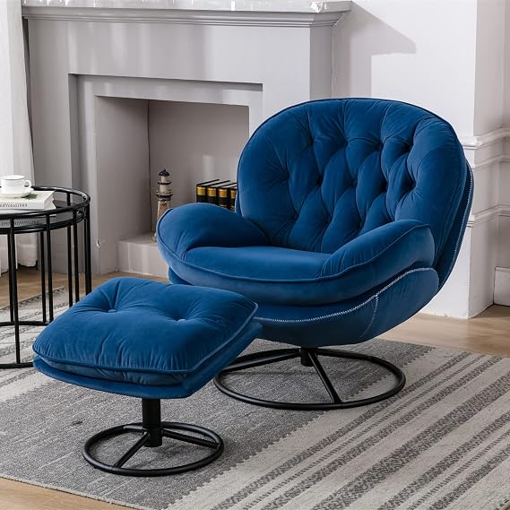Accent Chair TV Chair Living Room Chair with Ottoman, Modern Velvet Lounge Chair with Comfy Armchair with Metal Legs, Swivel Leisure Chair for Club,Home Office,Metal Base Frame (Blue)