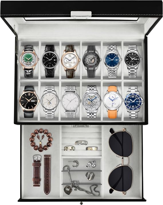 Ogrmar 12 Slot PU Leather Lockable Watch Storage Box for Men & Women Black | Watch Cases for Men & Women Jewelry Display Drawer Case, 2-tier Organizer Watch Showcase with Glass Lid