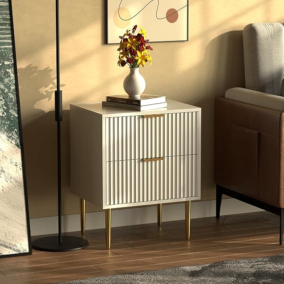 Free Standing White Wooden 2 Drawer Chic Fluted Bedside End Sofa Table Nightstand Room Living Bed Room Home Furniture