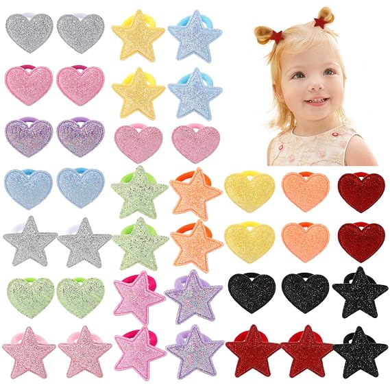 yoyokid 40PCS Glitter Hair Ties for Girls, Heart Star Nylon Hair Bands Elastics Pigtail Ponytail Holders Hair Accessories for Toddler Baby Girls Children Kids Teens