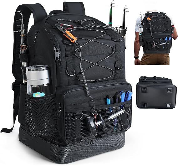 Fishing Backpack with Rod Holder, Heavy Duty Fishing Bag with Waterproof Bottom, Tackle Backpack Gifts for Man Woman-Black