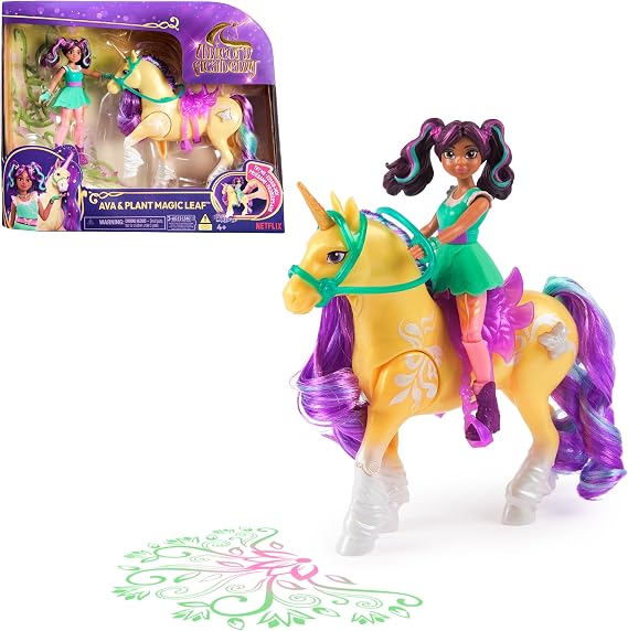 Unicorn Academy, Ava ve Bitki Büyüsü Işıklı Yaprak, 2 Binicilik Aksesuarı, 4 Yaş ve Üzeri Kız Çocukları için Bebek ve Tek Boynuzlu At Oyuncakları