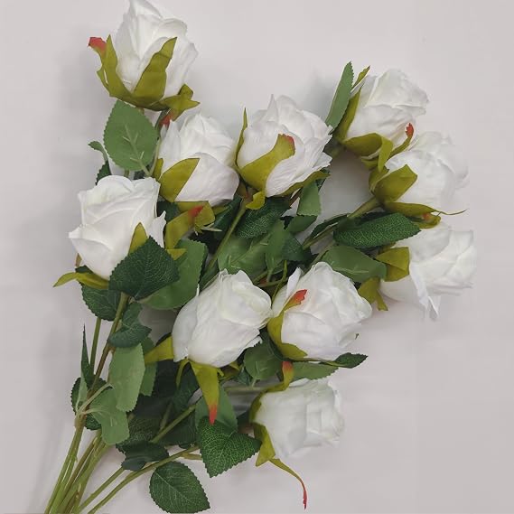 Artificial White Roses 10 Pcs, Single Stem Silk Fake Roses | Lifelike natural petal texture, fade-resistant silk flowers for wedding decor, home vases and party centerpieces