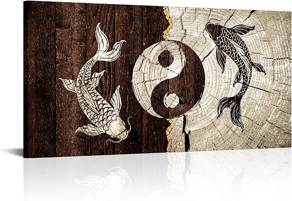Biuteawal Large Koi Fish Canvas Wall Art 3 Panel Yin Yang Symbol Picture Traditional Chinese Culture Art Prints Painting Retro Brown Artwork Home Office Bathroom Decor Gallery
