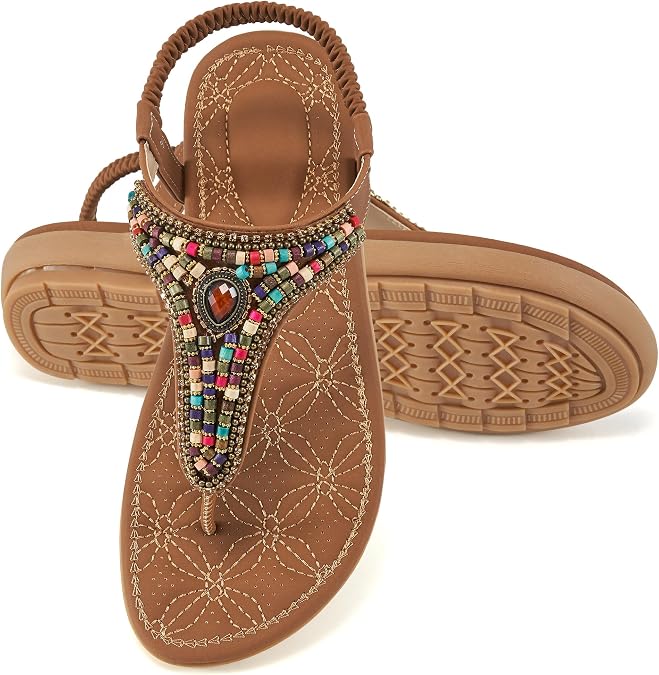 Ecetana Women's Flat Sandals Comfort Beaded Boho Summer Ankle Strap