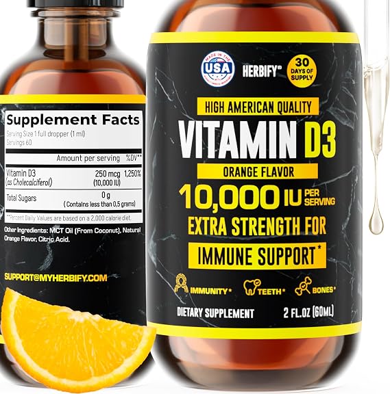 HERBIFY Vitamin D3 10000 IU - Made in USA Liquid Vitamin D Drops - Bone Strength and Immune Support Supplement - Sunshine Replacement - D3 Vitamin Bone and Teeth Supplement - 30 Days Supply - 2 Oz