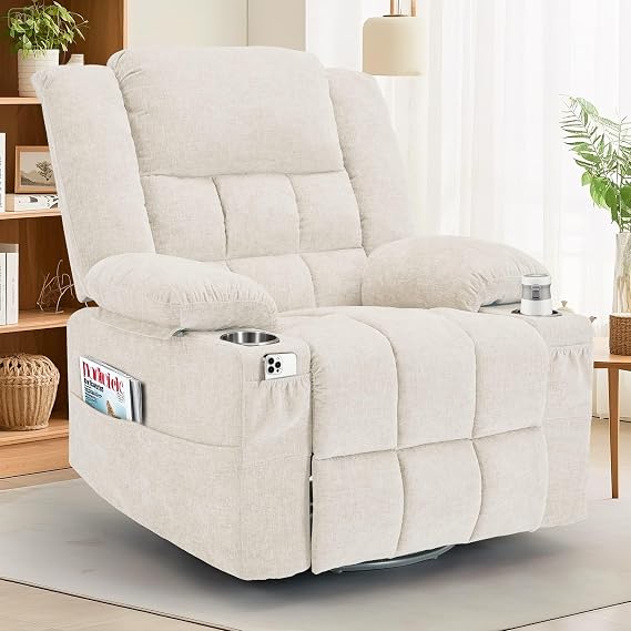 Korser 360 Swivel Rocker Recliner for Adults, Nursery Glider Recliner with Massage and Heating, Rocking Chair with Cup Holder, Manual Recliner Chair for Living Room, Bedroom (Fabric, Beige)