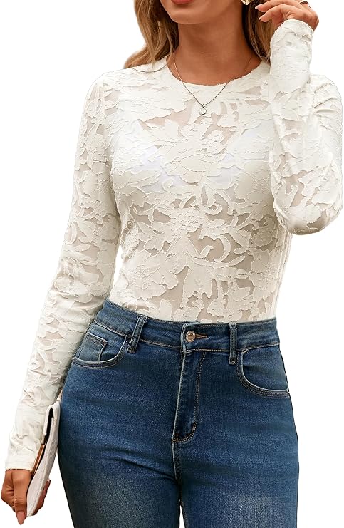 Glamaker Womens Mesh Long Sleeve Tops Lace See Through Sexy Crew Neck Eyelet Shirts Party Floral Club Dressy Blouse