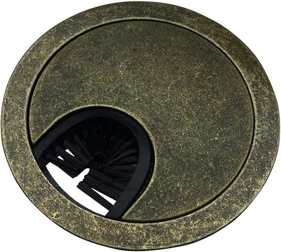 Antique Brass Metal Cable Grommet | 2 Piece "Lock in" Feature with "Brush" Opening for Management of Office & Computer Desk Wires | 60mm (2 3/8") Hole Opening | 1 Pack