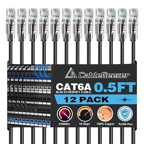 CableGeeker Cat 6A Slim Ethernet Patch Cables, 0.5 ft, 12-Pack, Black
