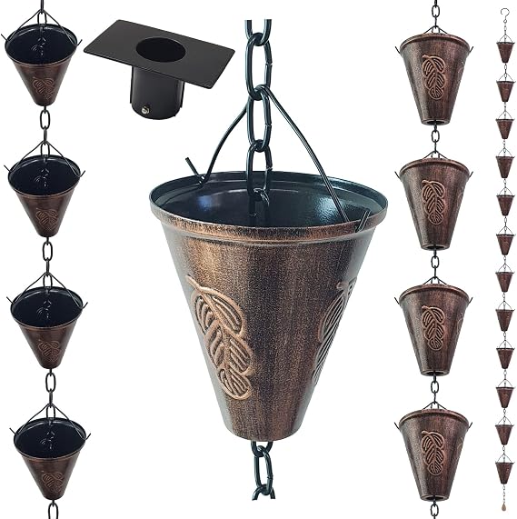 8.5FT Cone Iron Rain Chain for Gutters and Rain Barrel+Adapter, Bronze