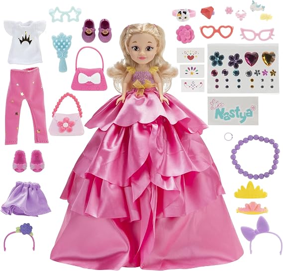 Like Nastya Fancy Princess Surprise Nastya Doll - 8-Inch Doll with 50 Mystery Surprises Including Removable Fashion, Stickers, Gems, Purses, Jewelry Charms, and More -