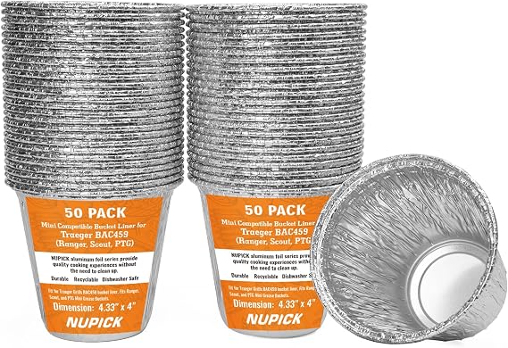 NUPICK 50 Pack Mini Grease Bucket Liner for Traeger | Fit for Taeger Ranger, Scout, PTG, Grill Drip Tray for Traeger BAC459, 4.3" x 4"