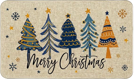 Christmas Blue Tree Welcome Doormat, Merry Christmas Doormats Winter Snowflakes Seasonal Front Door Mat Non-Slip Entrance Mat Low Profile Kitchen Floor Rug Decor for Home Patio 17 x 29 Inch