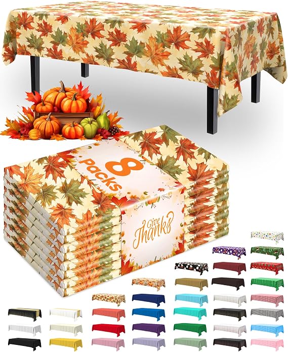 Pureegg Plastic Table Cloth Disposable 8 Pack 54 x 108 Inch, Autumn Maple