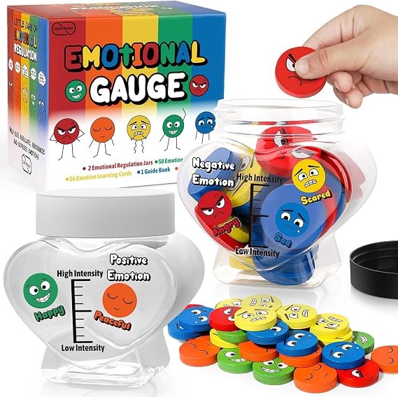 Garybank Emotion Jar for Kids Social Emotional Learning Activities, W/56 Emotion Cards, Gauge Child Emotional Intensity & Give Feelings Support, Kids Therapy Games, School Counselors Gifts