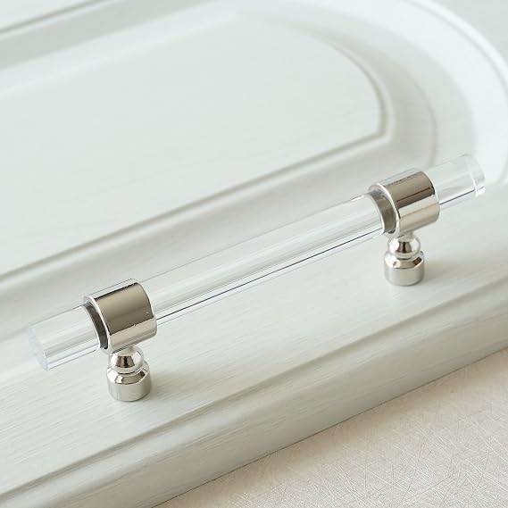2.5" Acrylic Clear Silver Drawer Pulls Lucite Dresser Handle Crystal Kitchen Cabinet Knob Furniture Hardware 64mm (2.5" Hole Center to Hole Center)
