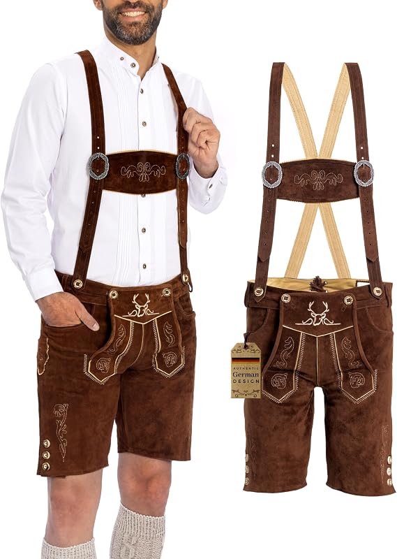 Lederhosen for Men German Oktoberfest Short Dark Brown | Traditional Bavarian lederhosen shorts with embroidered detailing & adjustable suspenders - made for all-day Oktoberfest