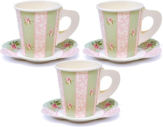 Tea Party Paper Cups and Saucers Set for 24 Floral Disposable Teacup Handle