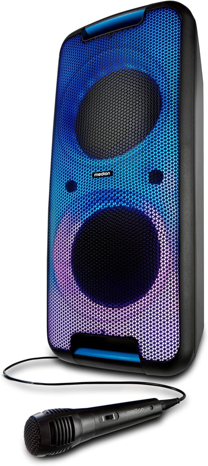 medion p61080 party sound system party speaker with microphone karaoke battery bluetooth true wireless stereo 2 x 450 watt colored led 2 x usb 2 x aux 2 x microphone connection compact